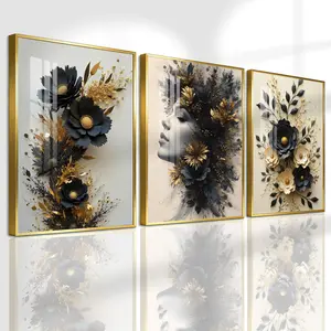 3 Count Aluminum Alloy Frame Canvas, Fashion Poster, Black And Gold Floral Art, Wall Decoration, Modern Art, Suitable For Living Room, Bedroom, Kitchen, Home Office, Cafe, Bar, Dormitory, Corridor, Family Decor, Gift