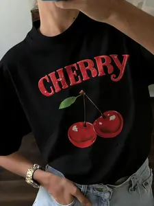 Women's Cherry & Letter Print Round Neck Tee, Casual Short Sleeve Crew Neck T-shirt for Summer, Fashion Women's Top for Daily Wear