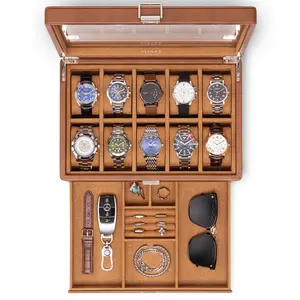 VLANDO 10 Slot Watch Storage Box for Men | Lockable Leather Organizer with Glass Lid – Gift for Dad & Husband