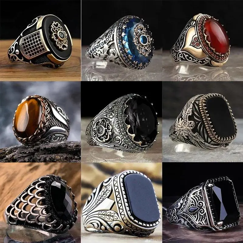 Men's Vintage Turkish Ring with Double Swords, Punk Style Black Zircon Handmade Islamic Jewelry