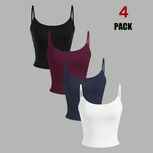 TFNOSIZE 4-Pack – Women’s adjustable thin-strap basic camisole tops — casual, comfortable, minimalist, sexy backless design, breathable athletic cropped tank tops suitable for everyday wear and vacation outfits; women’s apparel for all seasons, Short, Lad