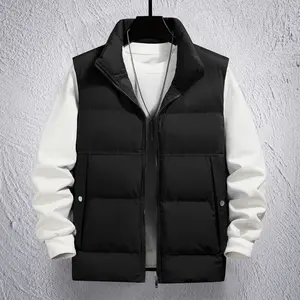 Men's Casual Stand Collar Vest Jacket, Zipper Sleeve Cotton Lined Coat, Winter Outdoor Casual Vest, Perfect Gift for Friends and Family, Men's Topwear Gilet