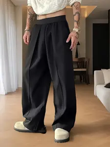 Men's Colorblock Elastic Waist Casual Pants, Spring & Fall Simple Versatile Drape Loose Straight Leg Wide Leg Long Pants, Casual Comfy Trouser