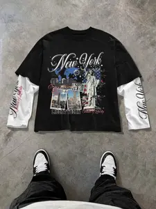 Men's Patchwork Colorblock Short Jacket, Loose-Fit Thin Knit Fabric, New York Graphic Landscape Print, Casual Streetwear Tops Long Sleeve for All Seasons