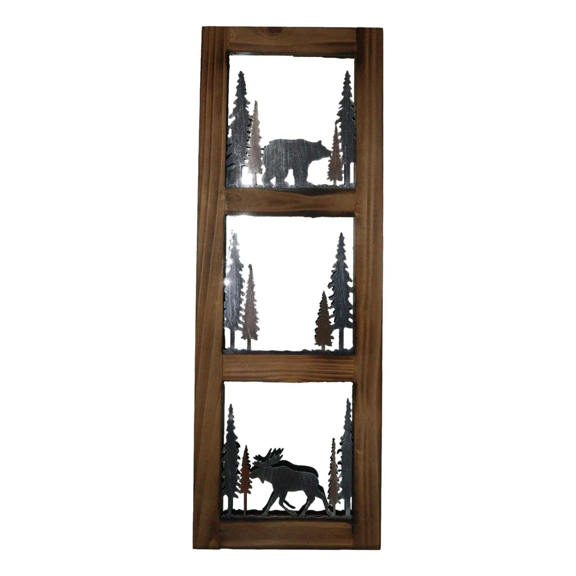 Large 30"H Western Rustic Bear And Moose In Pine Trees Forest Wooden Wall Mirror