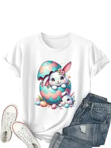 【Plus Size】 Easter Egg & Rabbit Print Round Neck Tee, Cute Casual Short Sleeve T-shirt for Daily Wear, Women Plus Clothing for Summer