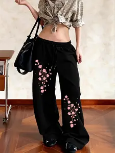 Oversized Baggy Wide Leg Track Pants - Cherry Blossom Print Sweatpants, Drawstring Waist Y2K Coquette Aesthetic Joggers for School & Daily Wear