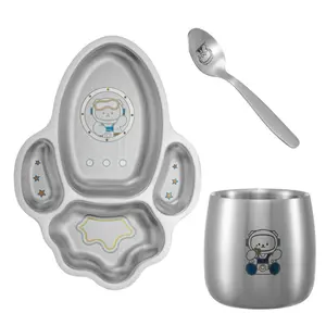 Space Starter Mealtime Kit - Teddy Stainless Steel Toddler Set, Non-Toxic, Durable, Eco-Friendly, Fun Design, Food-Grade, Reusable Plate, Cup & Spoon