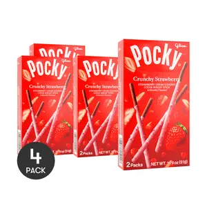 4 Pack GLICO POCKY Crunchy Strawberry Cookie Sticks 1.79 oz Each - Japanese Snack
