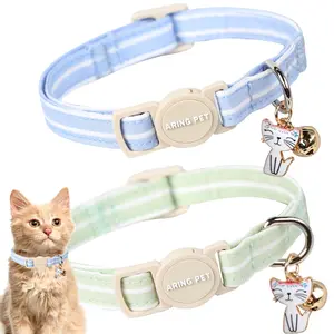 ARING PET 2 Pack Cat Collar-Cute Cotton Cat Collar Breakaway with Bell & Pendant, Adjustable Blue Green Striped Kitten Collars with Safety Buckle for Girl and Boy Pets