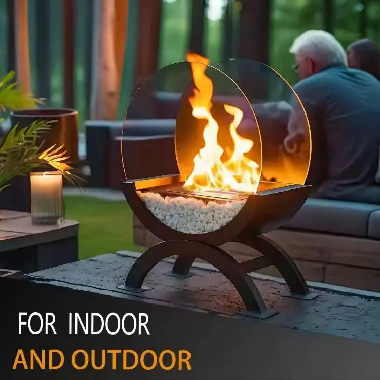 Large Round Glass Tabletop Fireplace  Portable Fire Bowl Clean Burning Fire Pit For Indoor, Outdoor, Patio & Party Events