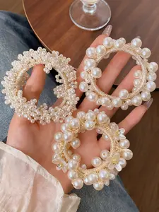 3-Piece Pearl Hair Tie Set, Elastic Band Scrunchie, Pearl Accents, High Elasticity Elegant Sweet Style, Perfect for High Ponytail & Bun Hairstyles, Women's Fashion Accessories