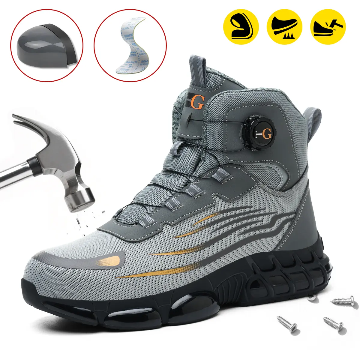 Men's Mid-Cut Steel Toe Work Boots with Rotary Dial Closure - Lightweight, Non-Slip, Puncture-Resistant, Breathable Mesh Safety Shoes for Construction, Factory, Warehouse