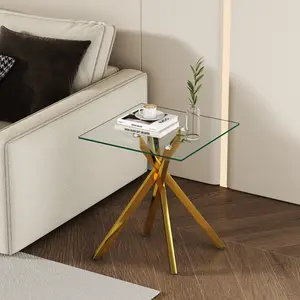17.72" Square Clear Tempered Glass End Table,Stylish Design with Golden/Black/Silver Chrome Plated Metal Legs, Side Table for Living Room, 1 piece