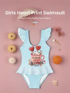 Girls' Heart Cup Printed One-Piece Swimsuit, Sleeveless Ruffle Hem, Quick-Dry Skin-Friendly Beach Vacation, Ages 5-14