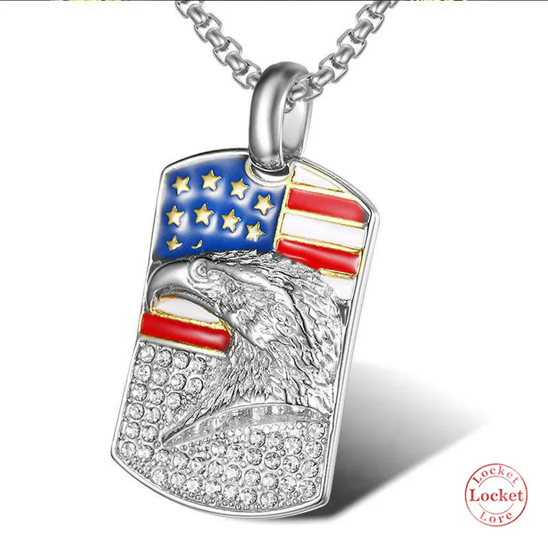 Hip-hop style American flag eagle pendant necklace, made of titanium steel with gold plating and diamond accents. A unique patriotic gift for men, perfect for Valentine's Day.