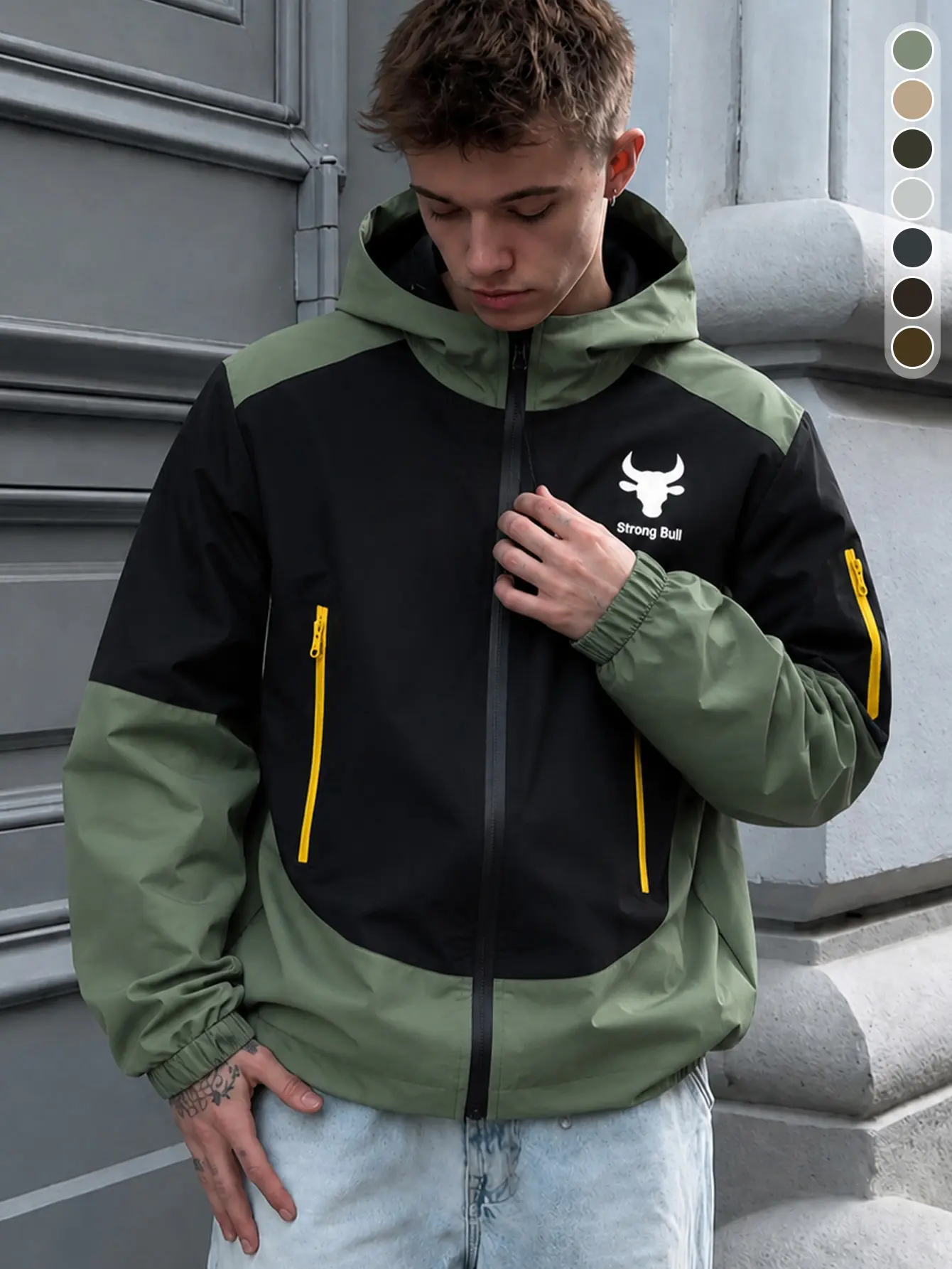 Men's Colorblock Letter & Animal Print Zip-Up Hooded Jacket Regular Fit Casual Windproof Waterproof Long-Sleeve Outerwear for Spring Fall All Seasons Classic Menswear