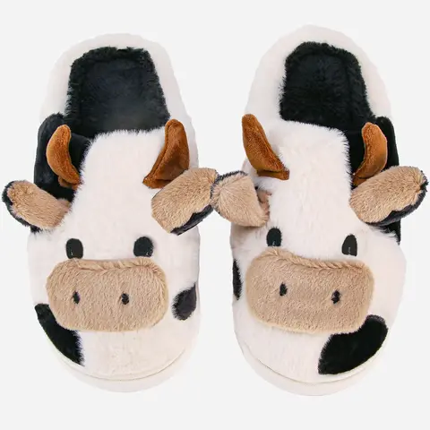 Cow Slippers Fluffy Plush Fleece House Shoes for Women Men, Cozy Indoor Lounge Home Footwear, All-Season Warm Non-Slip Thick PVC Sole, Cute Cartoon Animal Slide