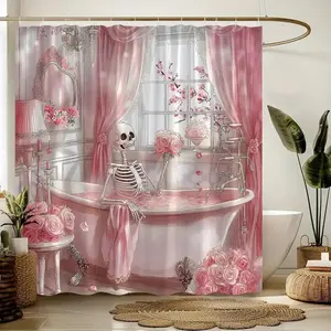 Skull bubble rose pink romantic lover shower curtain, perfect for bathroom decoration, partitions, beautifying space, polyester durable Resistant material, easy to clean, machine washable, multiple sizes to choose from, shower curtain hook with delivery