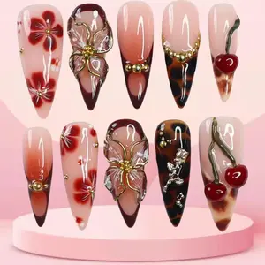 10 Pieces Medium Almond Shaped Burgundy Handmade Nails with Cherry Floral Pattern Gold Beads Flower Nails Romantic Fake Nail Set for Date Night Festive Looks Includes Jelly Gel and Nail File