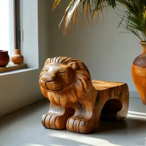 Roar with Style! Solid Wood Creative Lion-Embossed Round Stool - Your Multi-Use Home & Office Gem