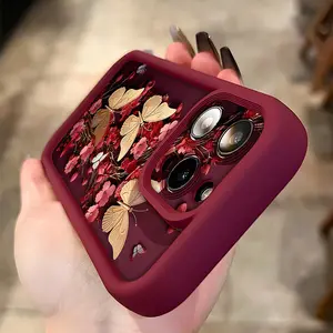 Phone Case - Phone Case - Retro Red Flower And Golden Butterfly Design Silicone Phone Cover for Various for iphone Models Including 17, 11, 12, 13, 14, 15, 16 Pro Max, 7, 8 Plus, SE 2022, 16E, 17Air, X, XS, XR, And XS Max