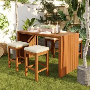 5 PCS Patio High Top Dining Set, Natural Acacia Wood Tall Table & 4 Stools with Cushions, Outdoor Furniture Set for Balcony, Backyard, Garden & Poolside