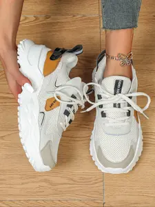 Women's Fashionable Patchwork Lace Up Low Top Sneakers, Casual Breathable Comfortable Sports Running Shoes, All-match Round Toe Chunky Sneakers for Daily Wear