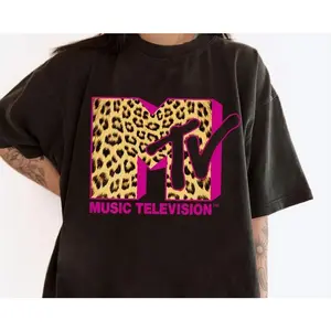 Women MTV Logo Leopard Print T-shirt, Music Television MTV Logo Tee, Retro 80s 90s Style MTV Family Matching Tee