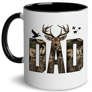 Camo Hunting Dad Mug, Mallard Duck Buck Hunt Graphic Mugs, Daddy Hunter Coffee Cup, Camouflage Hunting Gift for Husband, 11Oz 15Oz Ceramic Accent Mugs