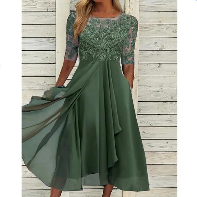 chinese dress ladies Vintage 3/4 Sleeve Black Lace Hollow Out Mesh Flower Embroidery Midi D –  Drewliet