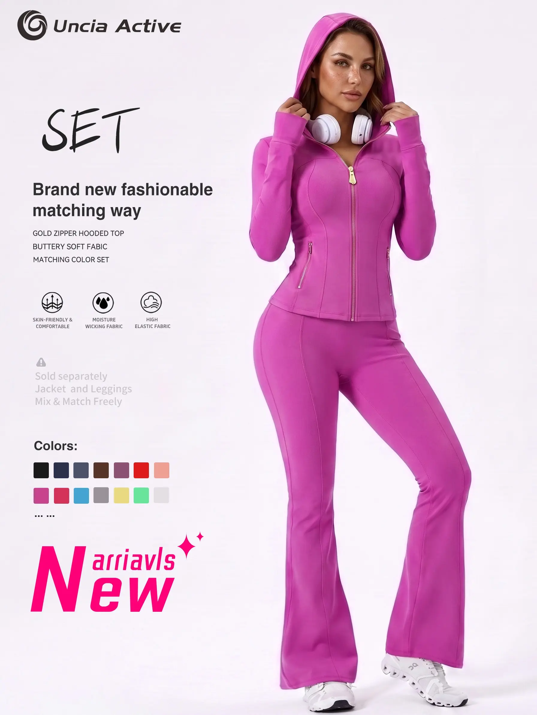 Women 2‑Piece Activewear Set Gold Zip Hoodie Jacket High Waist Flared Yoga Pants Gym Matching Outfit