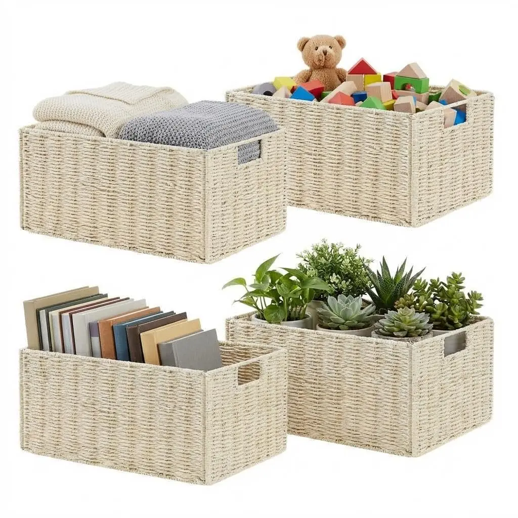 4-Piece Collapsible Storage Basket Set, 12.2×7.09×5.91 Inch Paper Rope & Iron Wire, Woven Organizer Bins with Handles for Multi-Scene Use