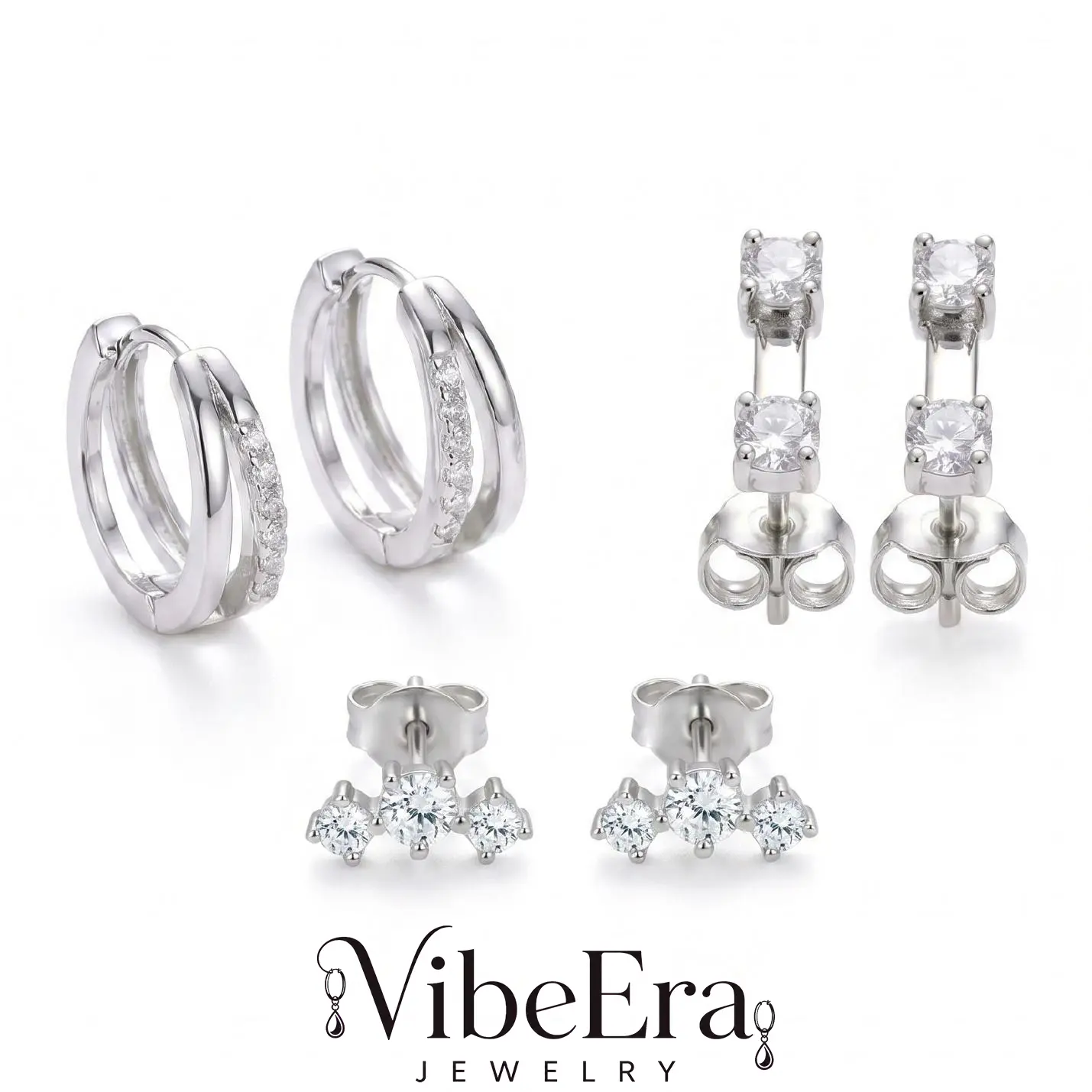 3-Piece 10-15mm Silver Plated Earring Set, Triple Row CZ Hoop & Cluster Stud for Y2K Punk Party, Multiple Piercing Everyday Wear Date Night Gift for Women