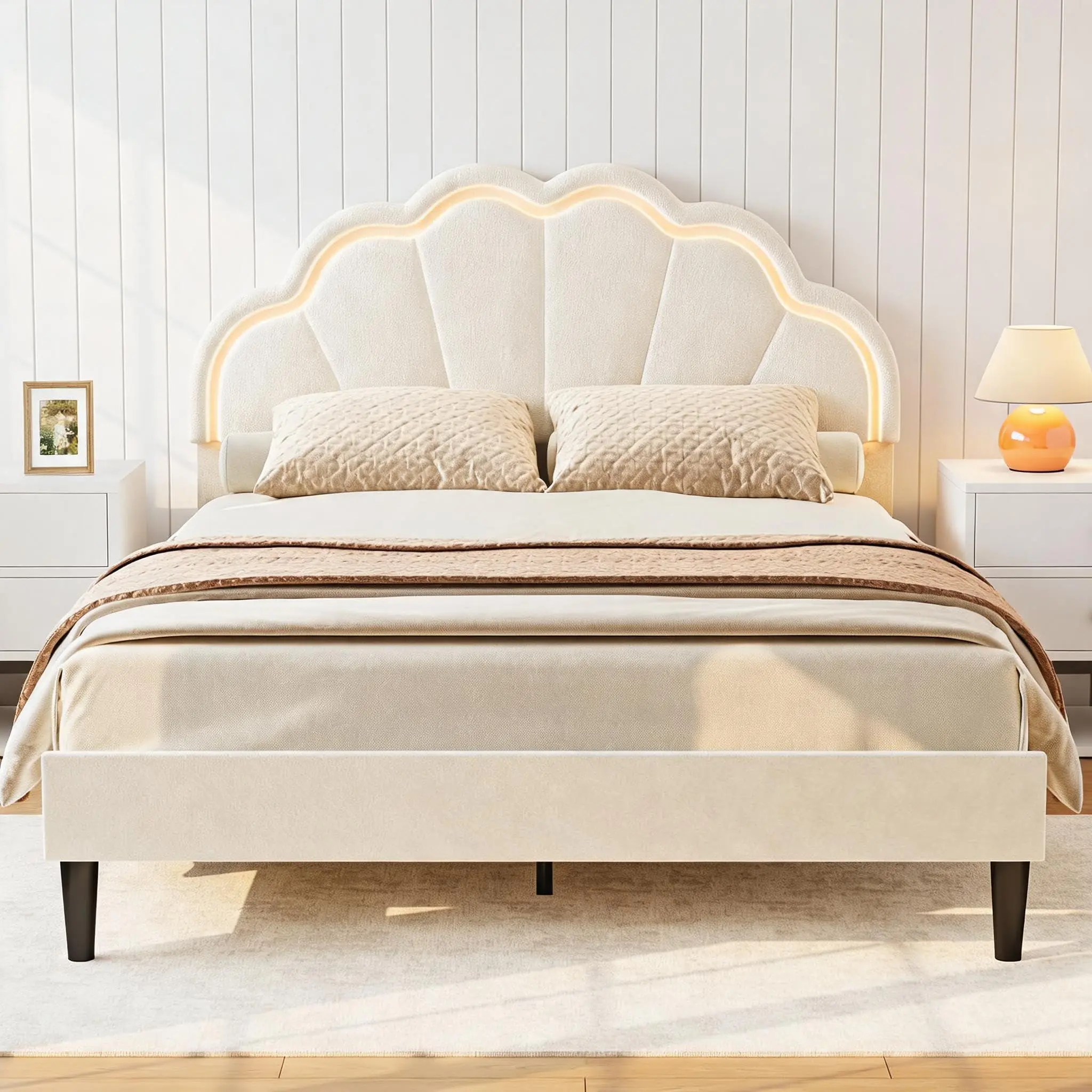 Upholstered LED Bed Frames with Velvet Seashell Headboard | Adjustable Seashell Headboard, Soft Velvet, Under Bed Storage, Easy Assembly, No-Noise, No Box Spring Needed, Sturdy&Stable,sohochic