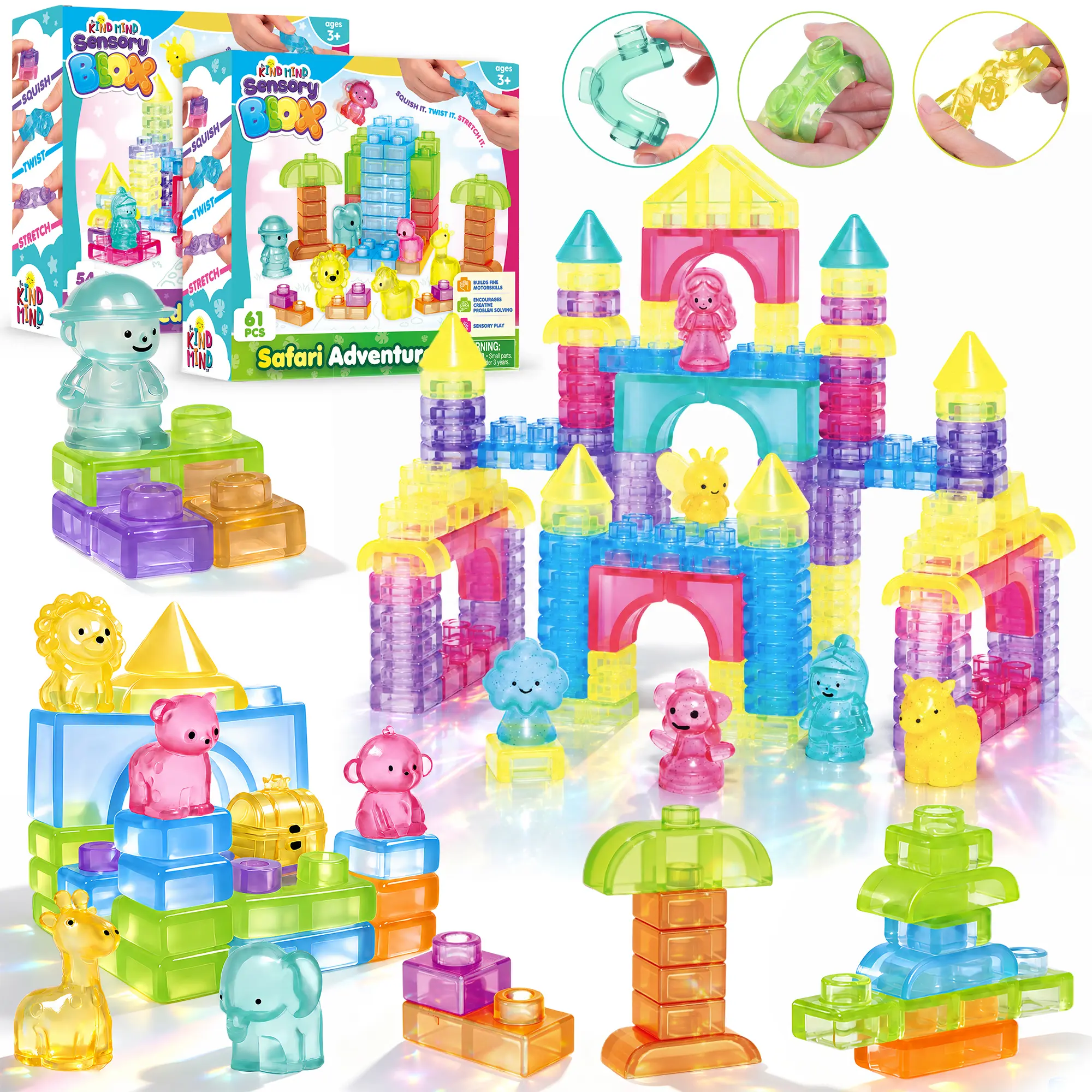 KINDMIND Gummy Blocks 61Pcs, Soft Non-Toxic for Sensory Play, Squishy Stacking Building Blocks Toy for Fine Motor Skills STEM Preschool Early learning Gift Bath toy Creative Creation for Kids Age 3+