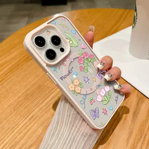 Wildflower Pattern Clear Magnetic Phone Case, Compatible with MagSafe Silicone Bumper Protective Cover For iPhone X XSMAX 11 12 13 14 15 16 Pro Max Plus