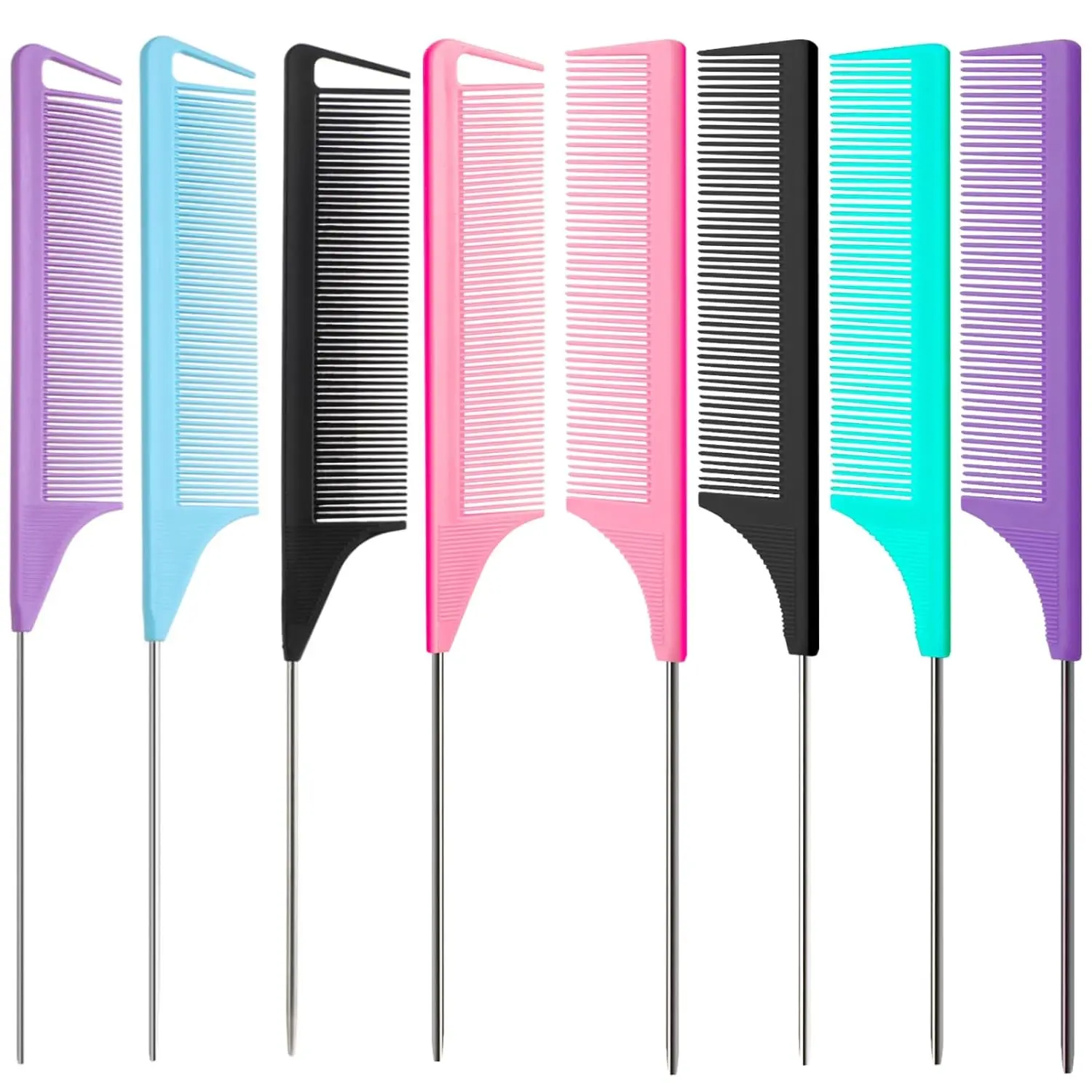 8pcs Metal Rat Tail Combs Set - Long Steel Pin Salon Teasing Tools with Precision 2-Style Multi-Color Parting Picks for Hair Stylists, Tease Lift Beauty & Haircare Essentials