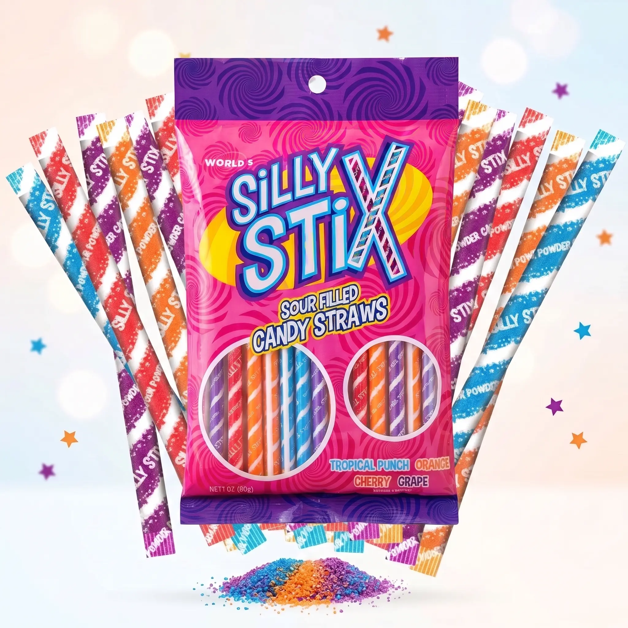 WORLD’S Silly Stix Sour Filled Candy Straws – Assorted Fruity Flavors, 2.75 oz Bag (1, 3 & 12 Packs)