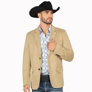 MONTERO MENS Western Embroidery Mt2182 Double Button Blazer MT2182 Faux Suede, Medium Length, Hand Wash Only, All Seasons, Plaid Pattern - Menswear, Coats