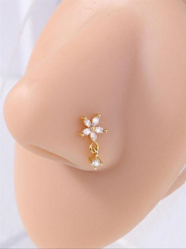 Flower Design L Shape Nose Stud, Rhinestone Decor Nose Ring ...