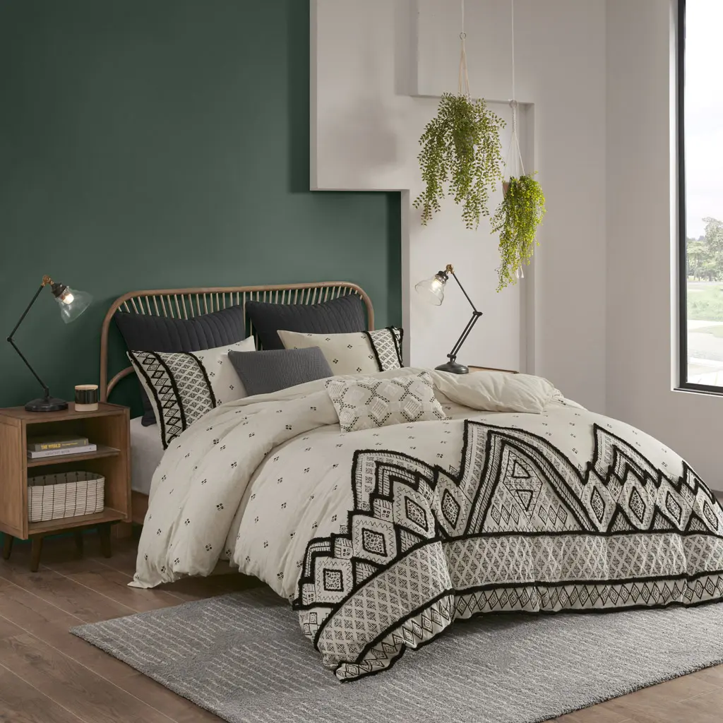 3-Piece Natural Cotton Flax Duvet Cover Set - Black Diamond Print, Global-Inspired Design, Chenille Textured Trim, Button Closure, Machine Washable, Boho Bedding for Bedroom Decor & Home Interior, Cotton Flax Linen