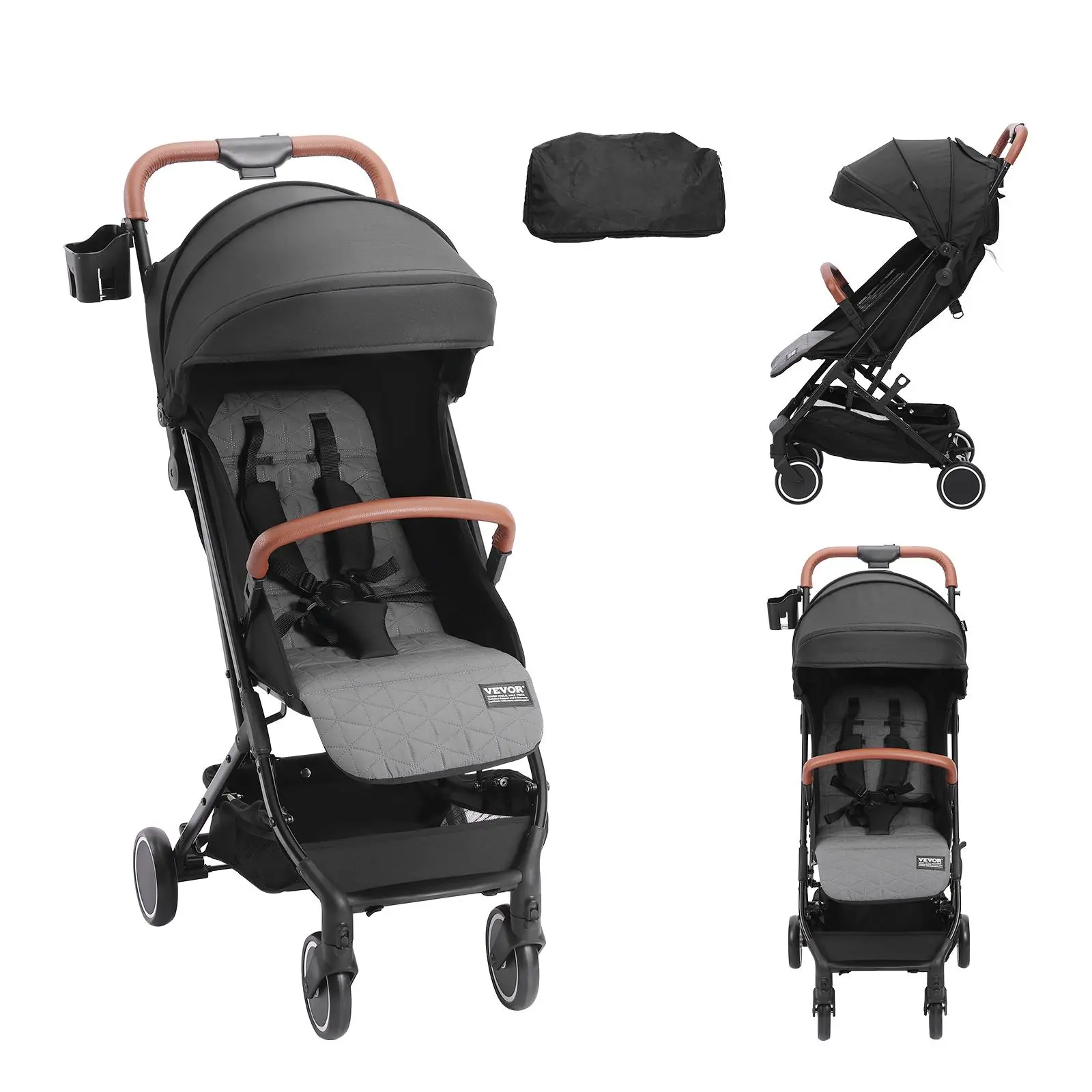 【Father's Day】VEVOR Standard Baby Infant Stroller, Toddler Stroller with 95°-150° Adjustable Backrest & & 0/90°Adjustable Footrest & One-click Folding, Newborn Stroller with Cup Holder and Carry Bag, Black