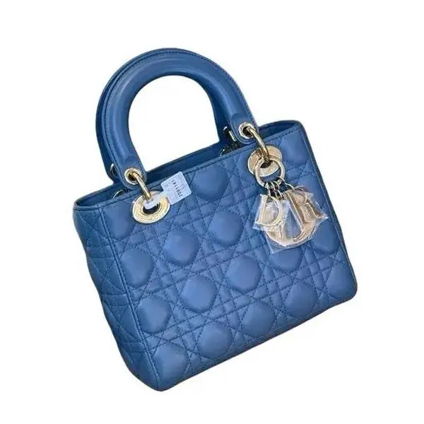 Pre-owned Dior Christian Classic Small Lady Top Handle Bag Denim Blue Cannage Lambskin, Pale Gold Hardware, Wide Strap With Metal Badges, Everyday Crossbody Bag 23887