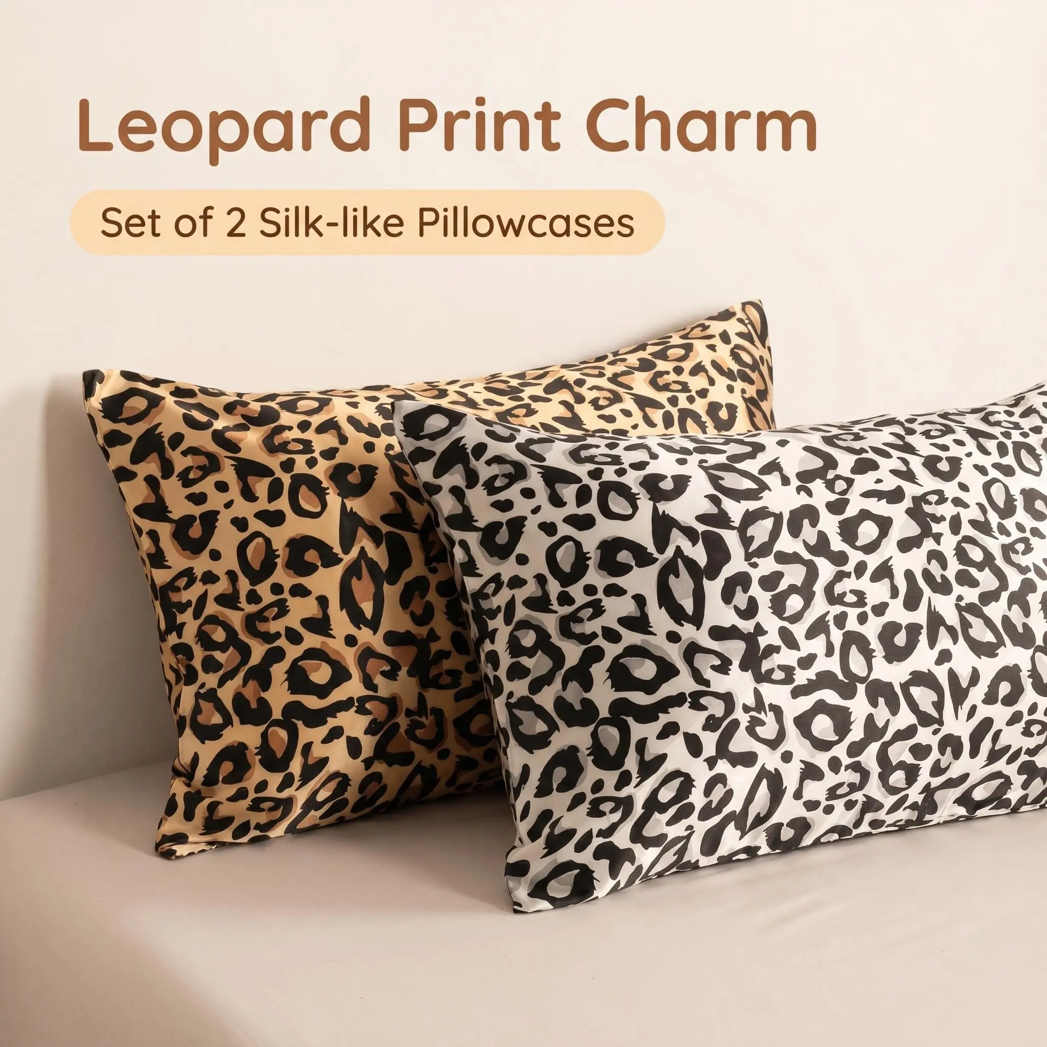 Bedsum 2-Pack Luxurious Satin Printed Pillowcases, Silky Frictionless European Animal Pattern Pillow Covers, Skin-Friendly Smooth Bedding, Gentle Care for Hair & Skin, Set of 2 Decorative Pillow Cases Luxury