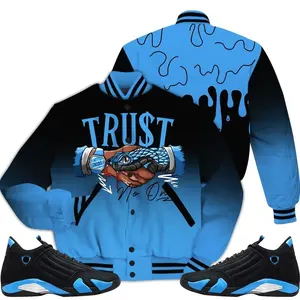 14 University Blue Outfits, Black University Blue 14s Varsity Jacket, Snake Trust No One Unisex T-Shirts To Match Sneakers Streetwear