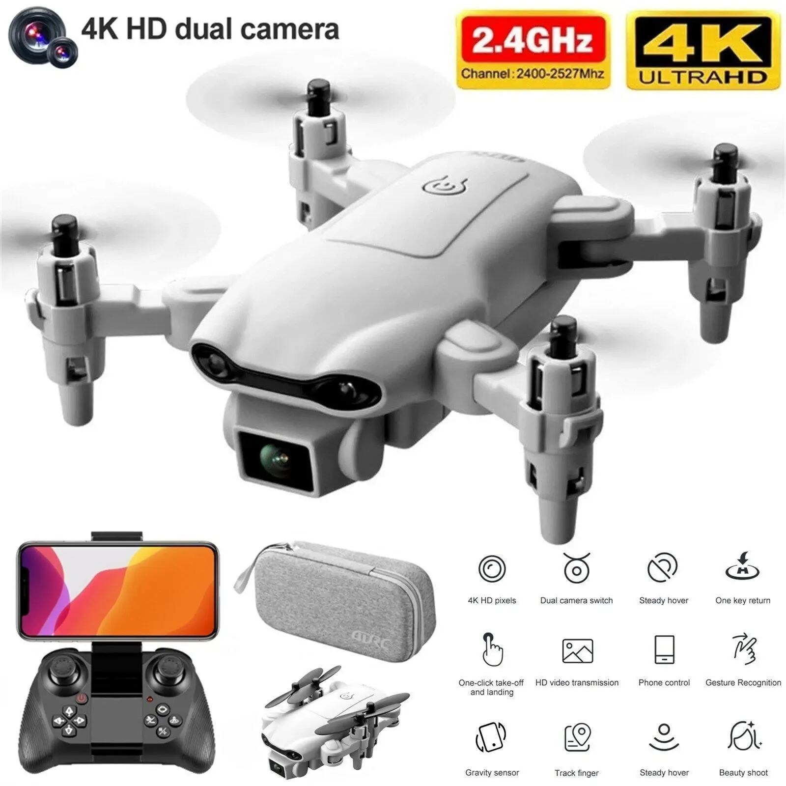 2023 New RC Drone with 4K HD Wide-Angle Camera, WIFI FPV Dual Camera, 2.4GHz Connectivity, Gesture Recognition, 1-Key Return & Accessories