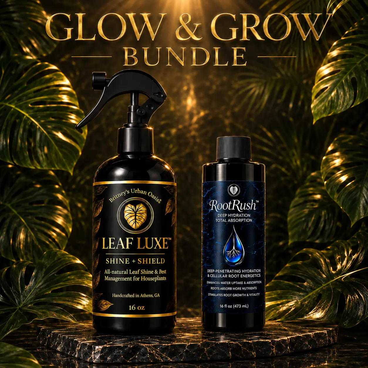 Glow & Grow Bundle | Leaf Luxe 16 oz + RootRush 8 oz | Leaf Shine Spray + Deep Hydration Root Support