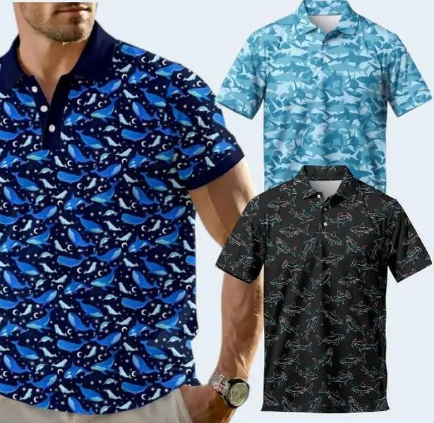 Shark Print Men's Polo Shirt, Ocean Theme Collared Shirt For Men Women, Casual Beach Golf Shirt Gift