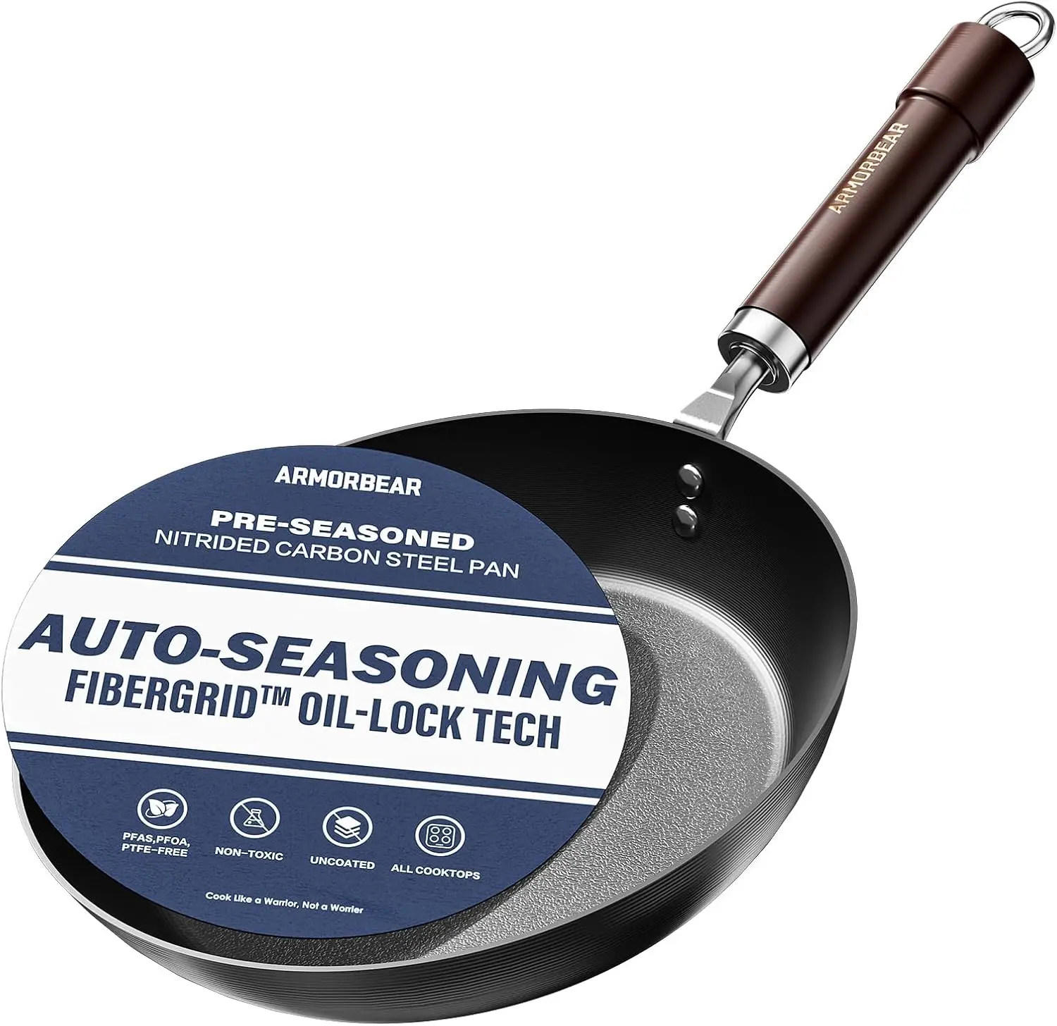 10 Inch Auto-Seasoning Nitrided Carbon Steel Pan Professional Skillet for Induction Stovetop Daily Searing Pre-seasoned Frying Pan with Wooden Handle PFAS & PFOA-Free